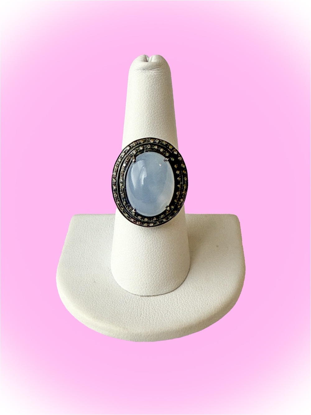 Elegant Blue Chalcedony Oval Statement Ring in Black Metal